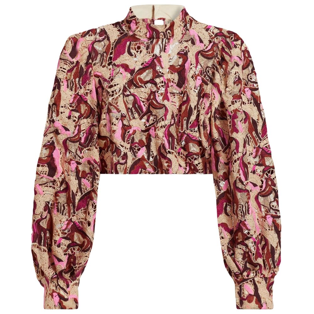 Farm Rio NWT Embroidered Horse Guipure Lace Blouse Cropped Long Sleeve Size XS